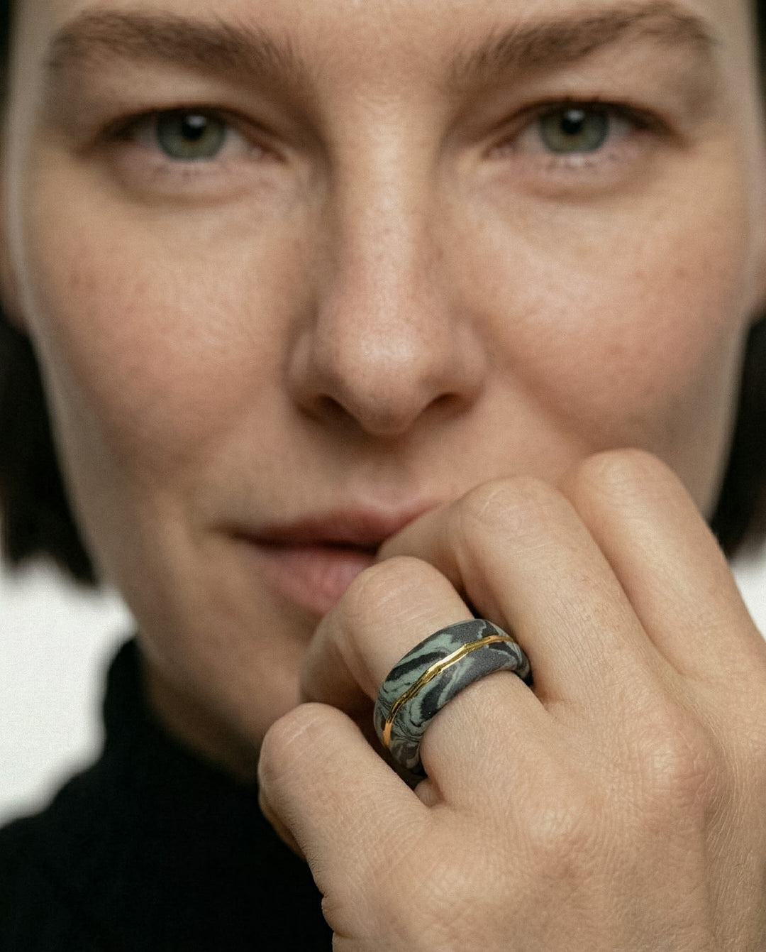 "Azzura" Green Porcelain Ring With Gold