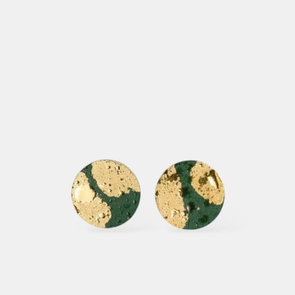 Gold and green round porcelain stud earrings by freakyfoxx on a white background