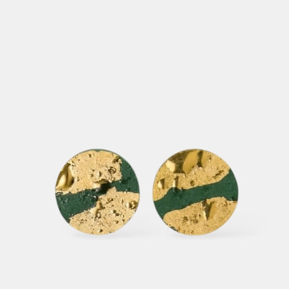 Gold and green round porcelain stud earrings on a white background