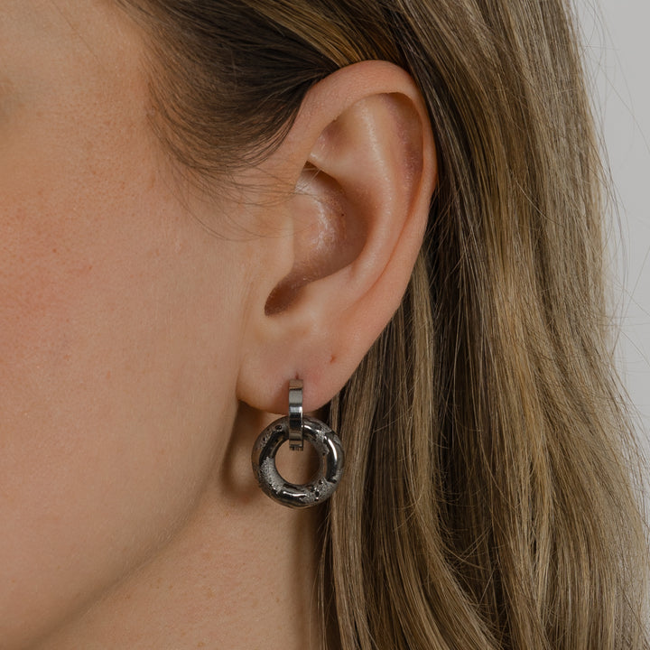 Ausies su sidabriniu žiediniu auskaru stambus planas neutraliame fone