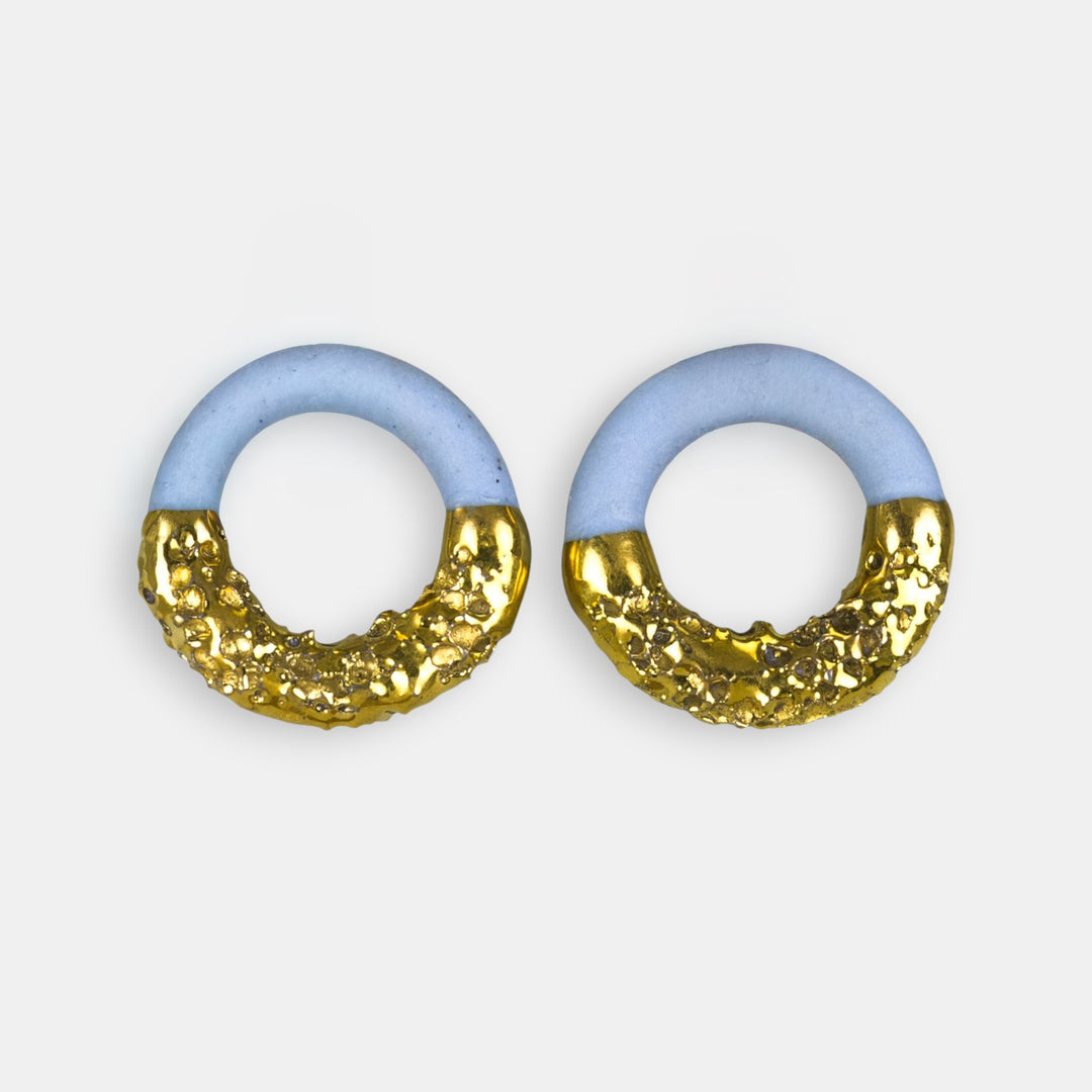 Pair of earrings with gold and blue circular design on a white background