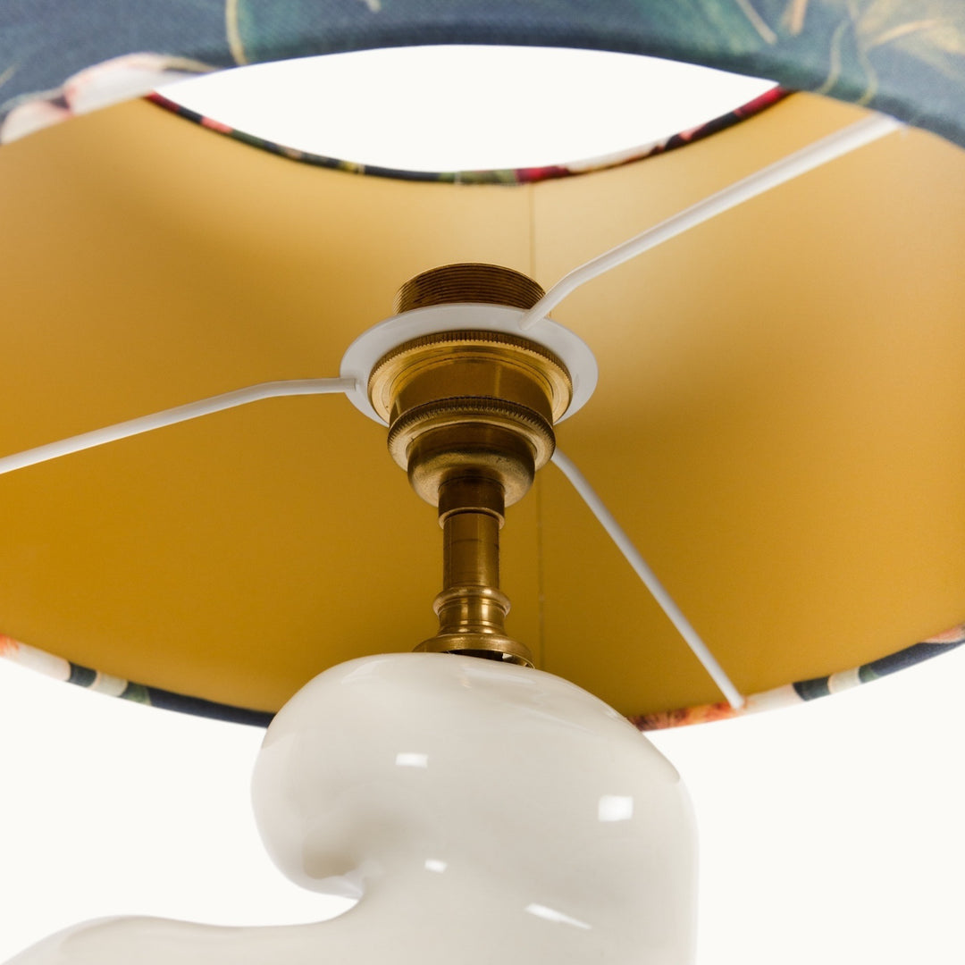 Underside view of a floral lampshade with brass fittings. A luxurious and unique handmade lighting accessory.