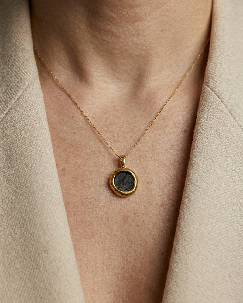 Necklace with  black porcelain pendant plated with gold by freakyfoxx