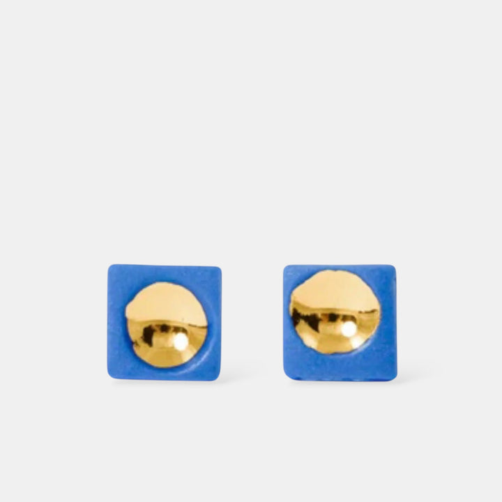 Blue square porcelain earrings with gold centre by freakyfoxx.
