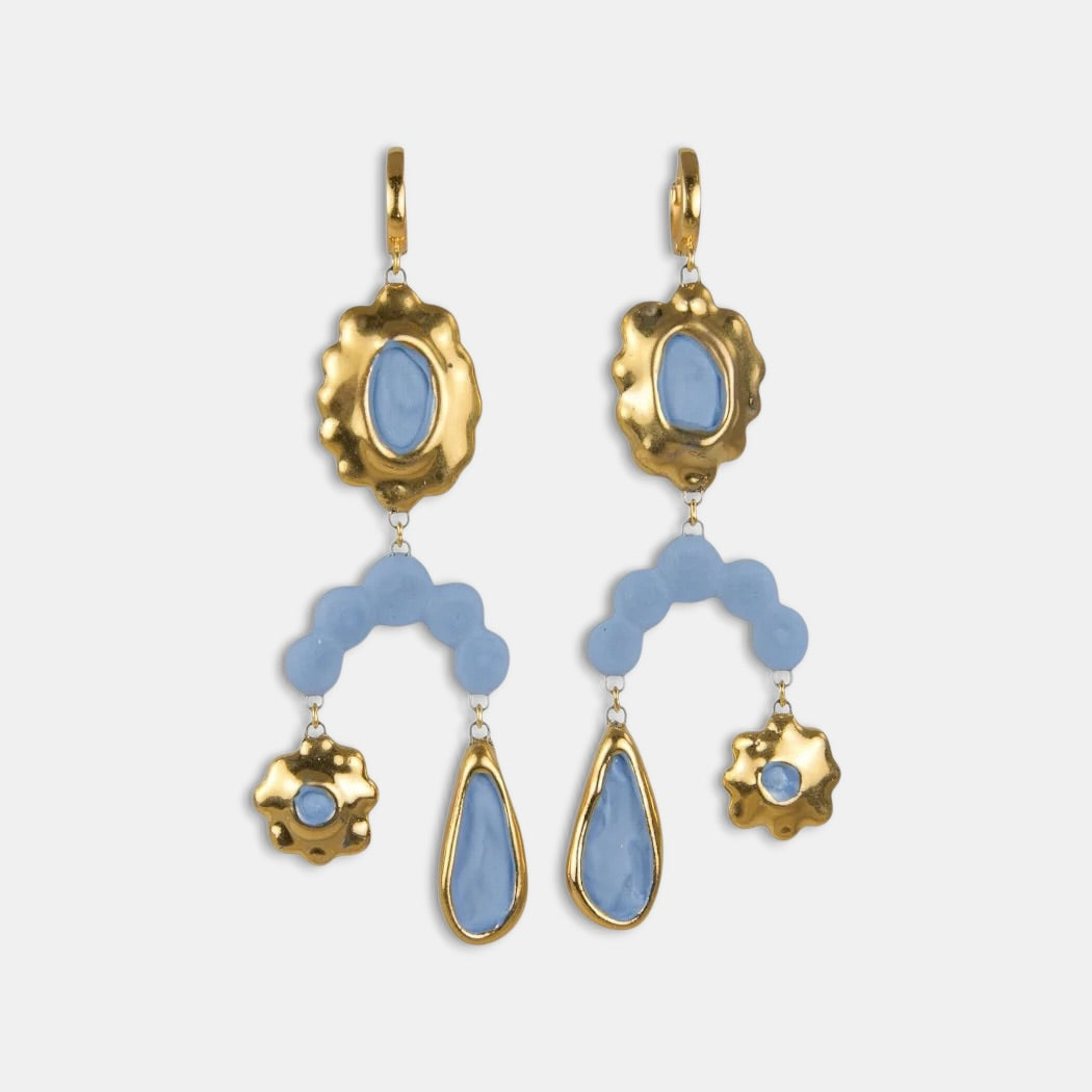 Unikalūs auksiniai ir mėlyni porcelianiniai auskarai iš freakyfoxx