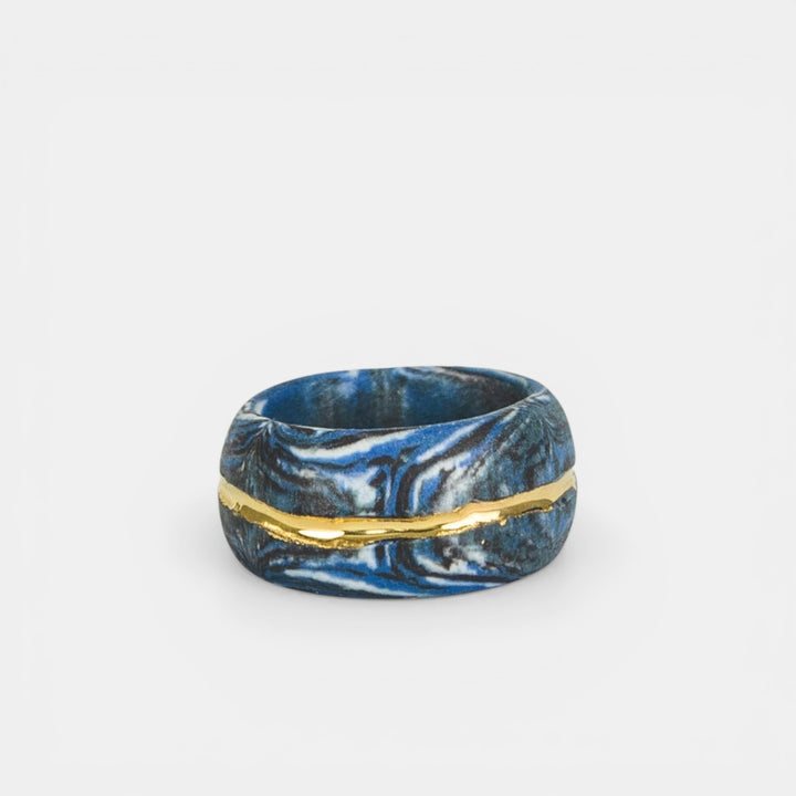"Omi" Blue Porcelain Ring With Gold