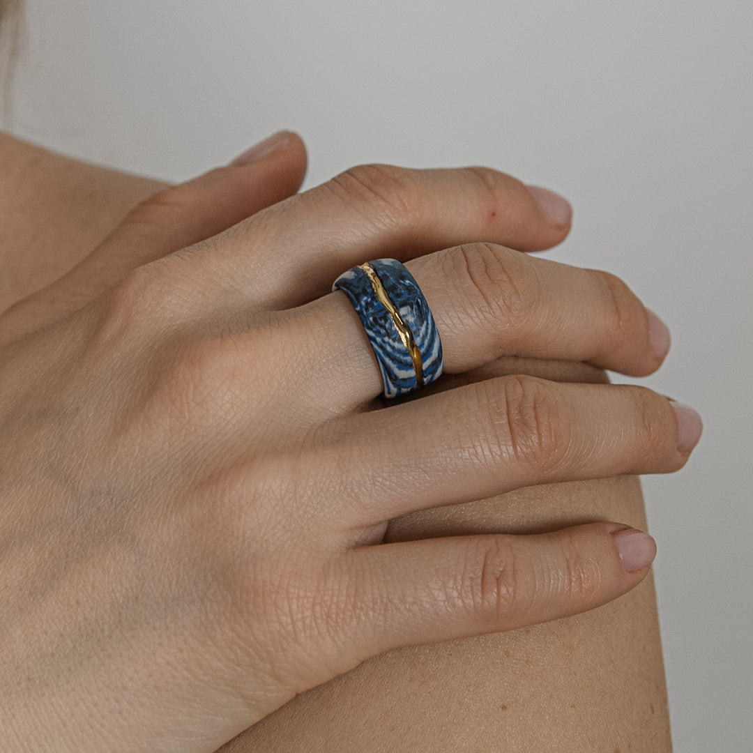 "Omi" Blue Porcelain Ring With Gold