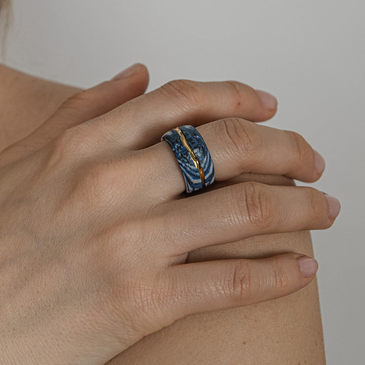 "Omi" Blue Porcelain Ring With Gold