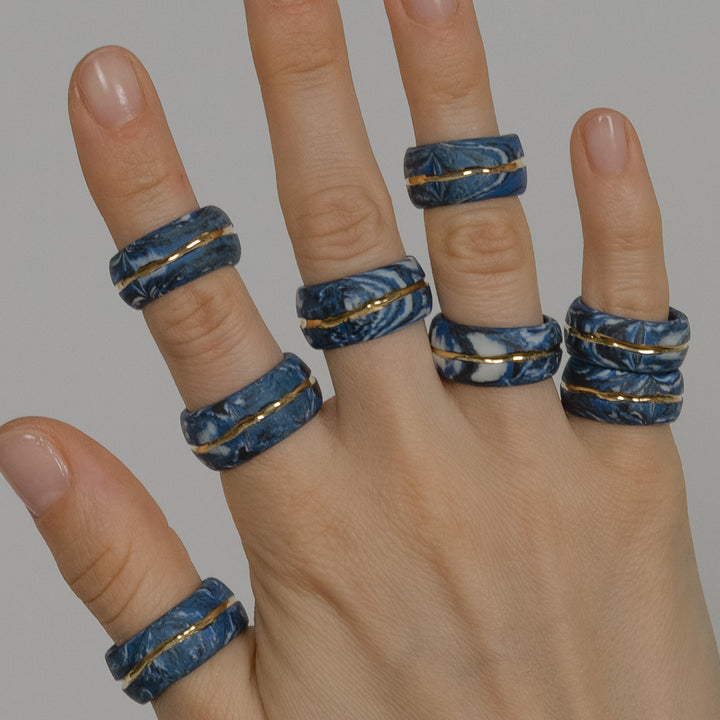 "Omi" Blue Porcelain Ring With Gold