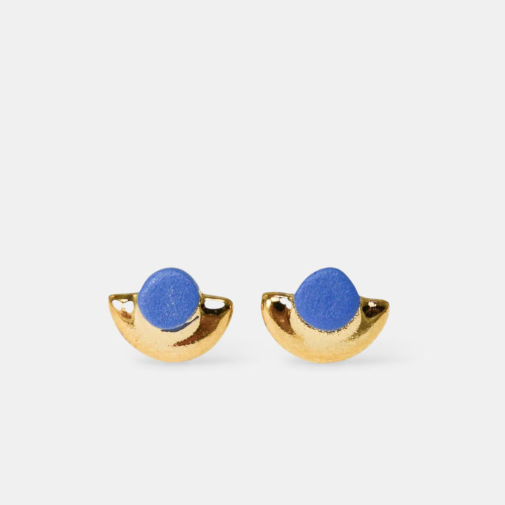 blue porcelain earrings with gold by freakyfoxx on a white background