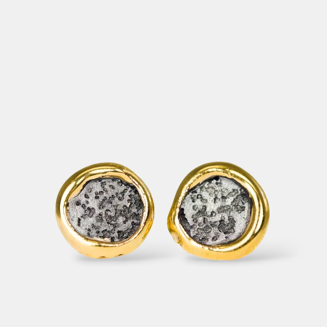 Gold earrings with textured black centers on a light gray background