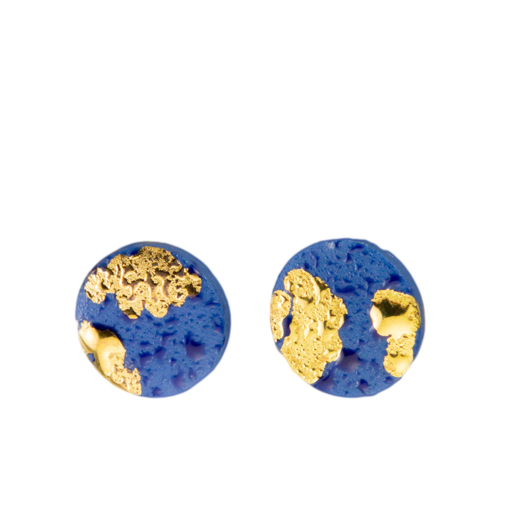Round Blue Porcelain Earrings With Gold, Apvalūs mėlyni porceliano auskarai su aukso liustra